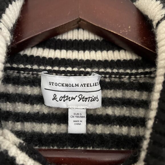 & Other Stories Boxy Heavyweight Striped 3/4 Sleeve Wool Blend Turtleneck- Small - Picture 6 of 8